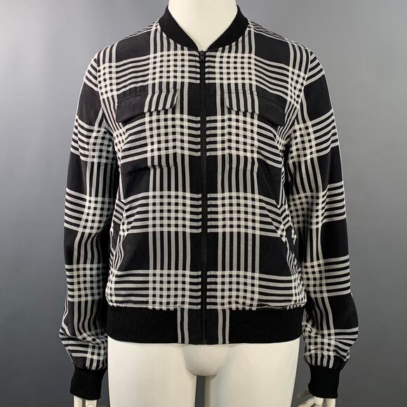 EQUIPMENT Size L Black White Silk Plaid Zip Up Bomber Jacket - Picture 1 of 8